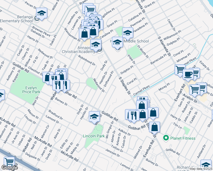 map of restaurants, bars, coffee shops, grocery stores, and more near 4314 Driftwood Place in Corpus Christi