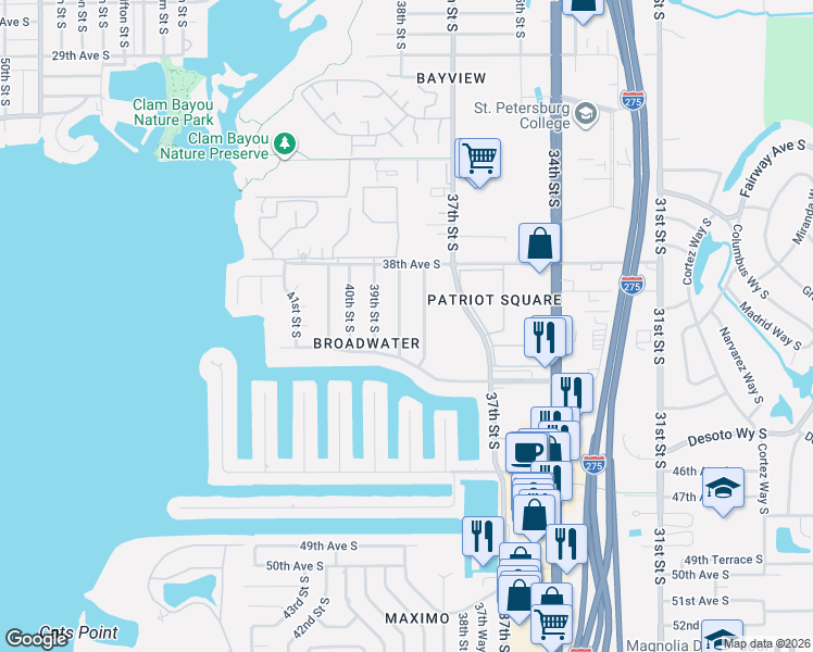 map of restaurants, bars, coffee shops, grocery stores, and more near 4001 38th Street South in St. Petersburg