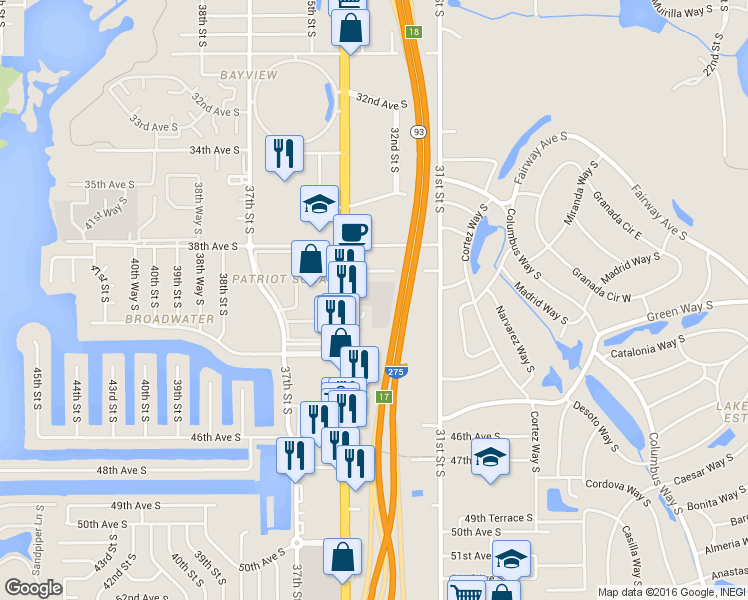 map of restaurants, bars, coffee shops, grocery stores, and more near 3950 34th Street South in Saint Petersburg