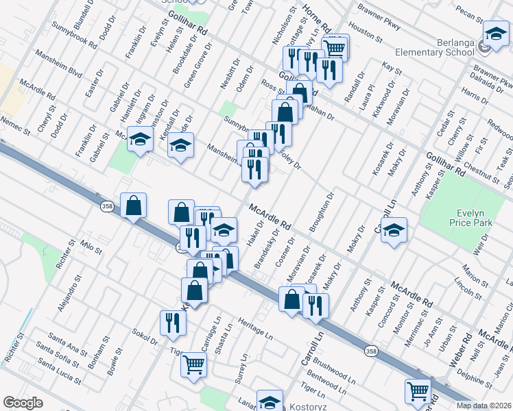 map of restaurants, bars, coffee shops, grocery stores, and more near 3218 McArdle Road in Corpus Christi