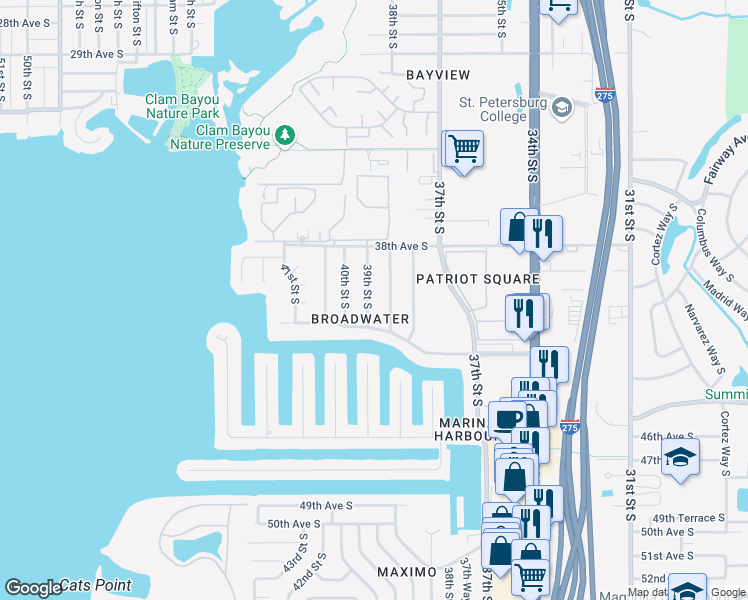 map of restaurants, bars, coffee shops, grocery stores, and more near 4080 39th Street South in Saint Petersburg