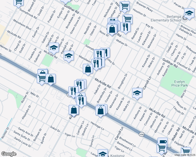 map of restaurants, bars, coffee shops, grocery stores, and more near 3218 McArdle Road in Corpus Christi
