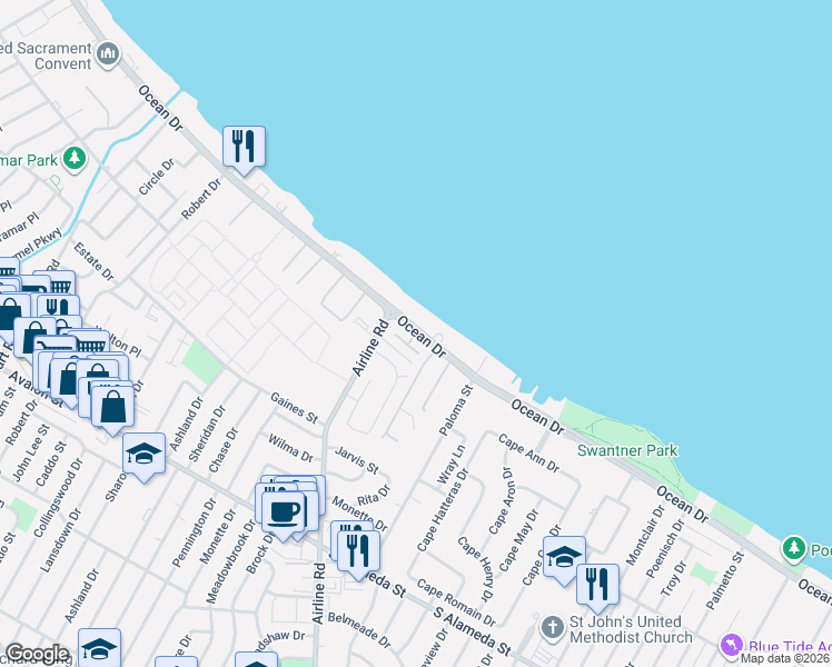 map of restaurants, bars, coffee shops, grocery stores, and more near 4734 Ocean Drive in Corpus Christi