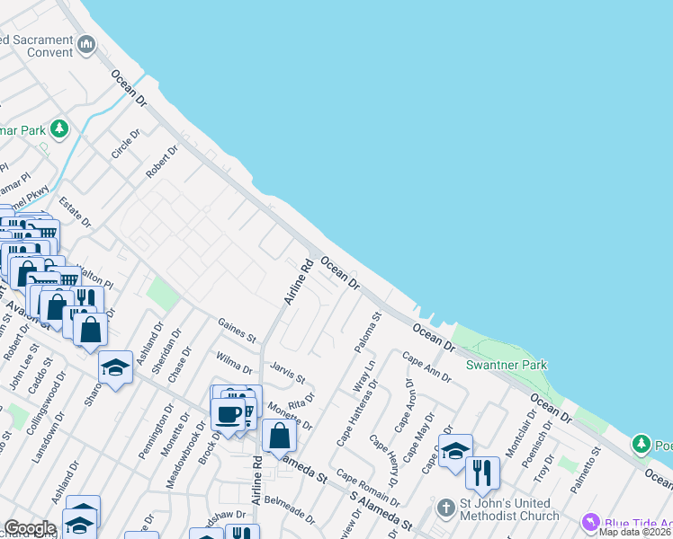 map of restaurants, bars, coffee shops, grocery stores, and more near 4734 Ocean Drive in Corpus Christi