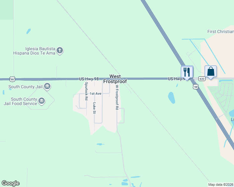 map of restaurants, bars, coffee shops, grocery stores, and more near 80 West Frostproof Baptist Church Road in Frostproof