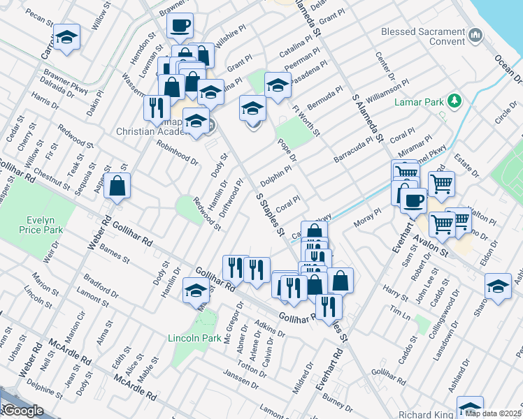 map of restaurants, bars, coffee shops, grocery stores, and more near 4000 South Staples Street in Corpus Christi