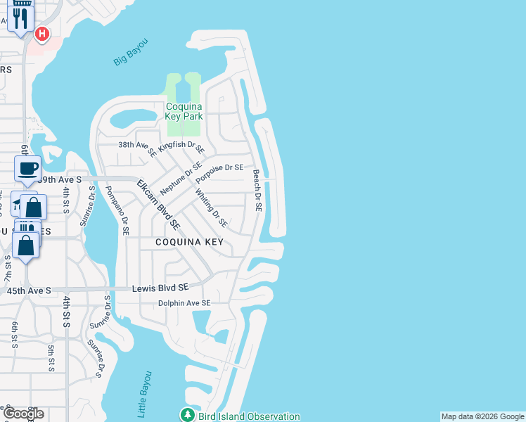 map of restaurants, bars, coffee shops, grocery stores, and more near 4112 Beach Drive Southeast in St. Petersburg