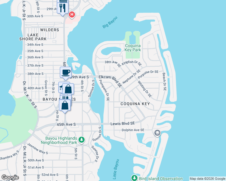map of restaurants, bars, coffee shops, grocery stores, and more near 4000 Neptune Drive Southeast in St. Petersburg