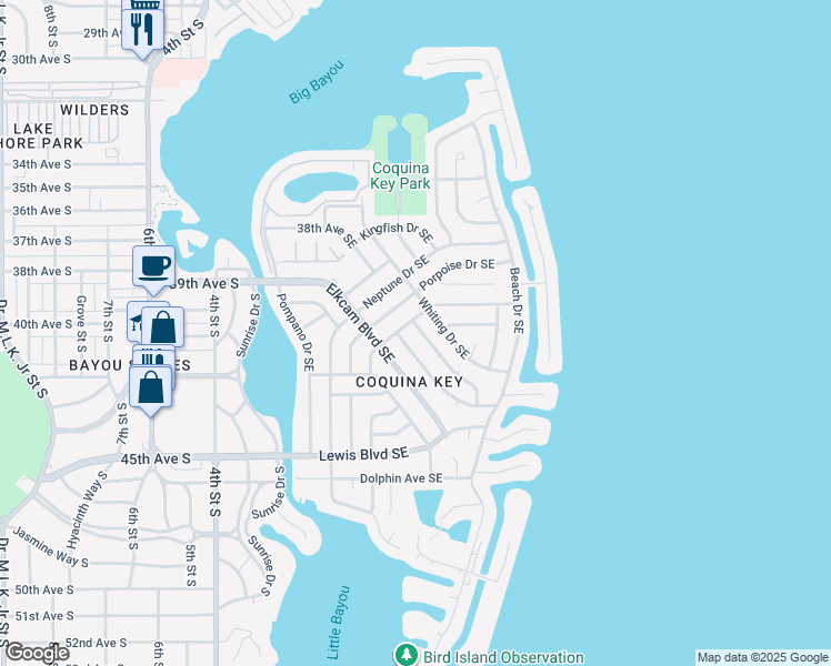 map of restaurants, bars, coffee shops, grocery stores, and more near 4215 Tarpon Drive Southeast in St. Petersburg