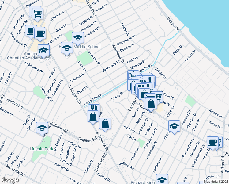 map of restaurants, bars, coffee shops, grocery stores, and more near 905 Carmel Parkway in Corpus Christi
