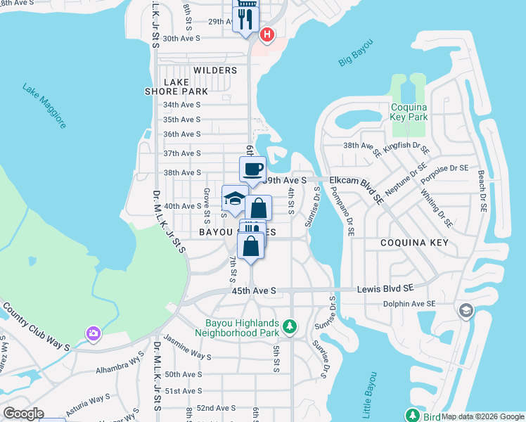 map of restaurants, bars, coffee shops, grocery stores, and more near 459 41st Avenue South in St. Petersburg