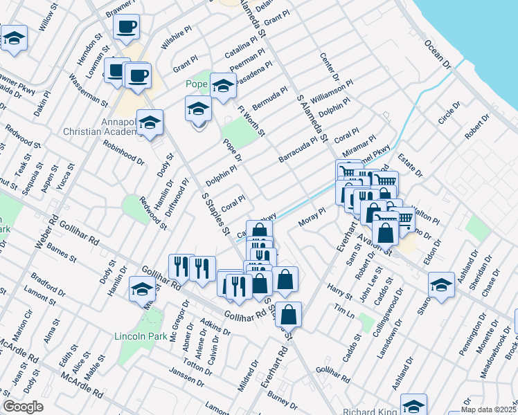map of restaurants, bars, coffee shops, grocery stores, and more near 4042 San Fernando Place in Corpus Christi
