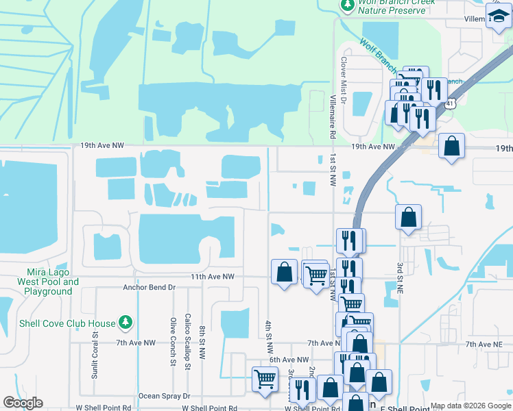 map of restaurants, bars, coffee shops, grocery stores, and more near 1504 Yale Castle Court in Ruskin