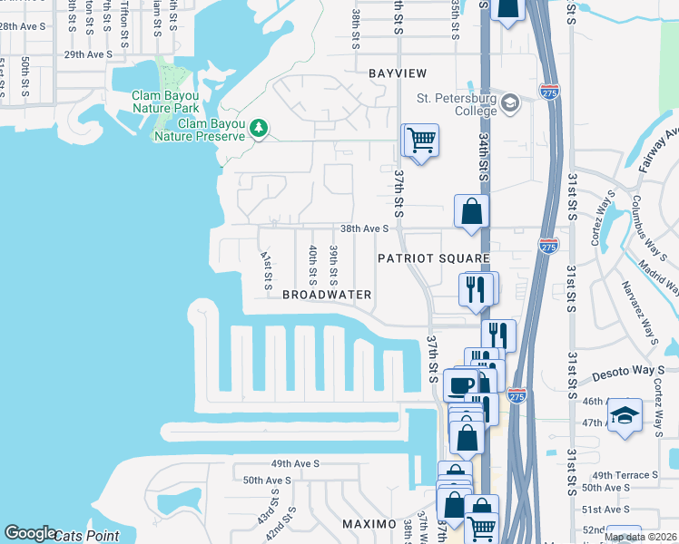 map of restaurants, bars, coffee shops, grocery stores, and more near 4040 39th Street South in St. Petersburg