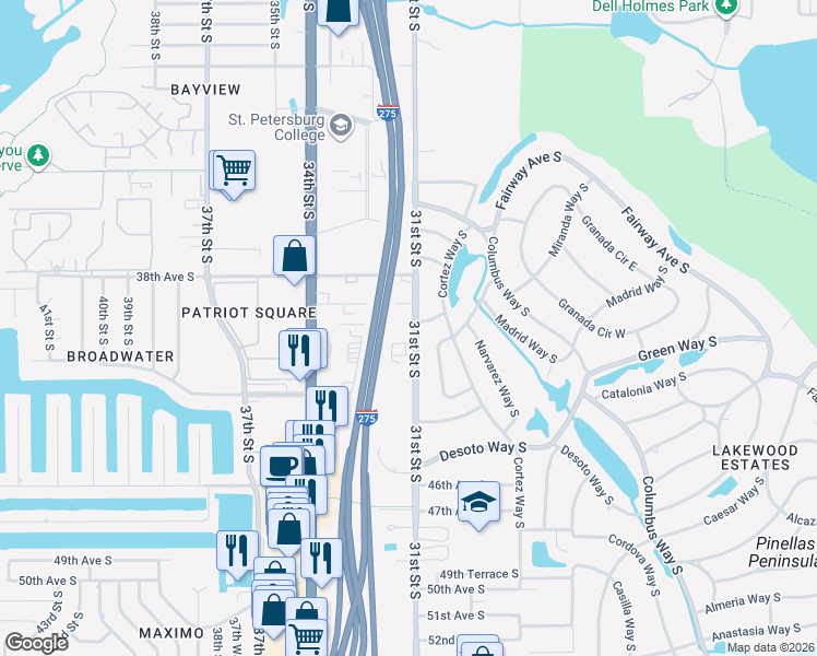 map of restaurants, bars, coffee shops, grocery stores, and more near 4011 31st Street South in Saint Petersburg