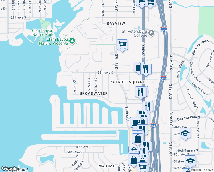 map of restaurants, bars, coffee shops, grocery stores, and more near 4001 38th St S in St Petersburg