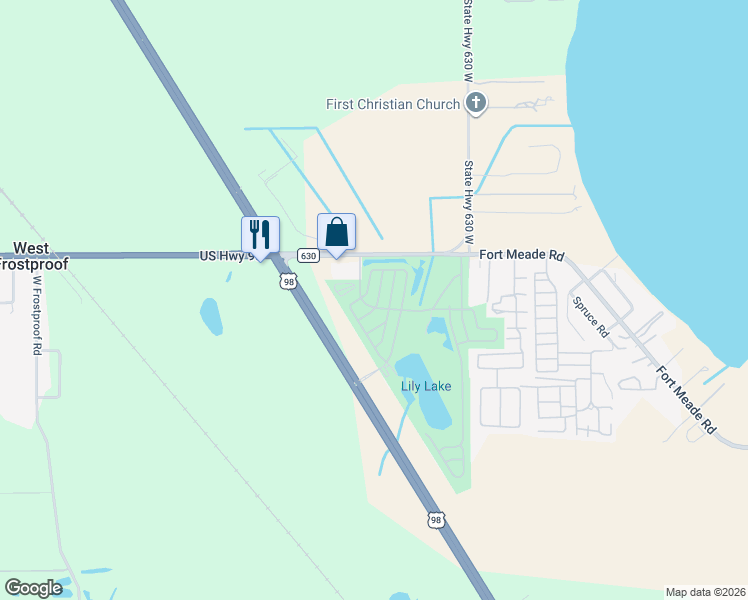 map of restaurants, bars, coffee shops, grocery stores, and more near 391 Gracie Avenue North in Frostproof