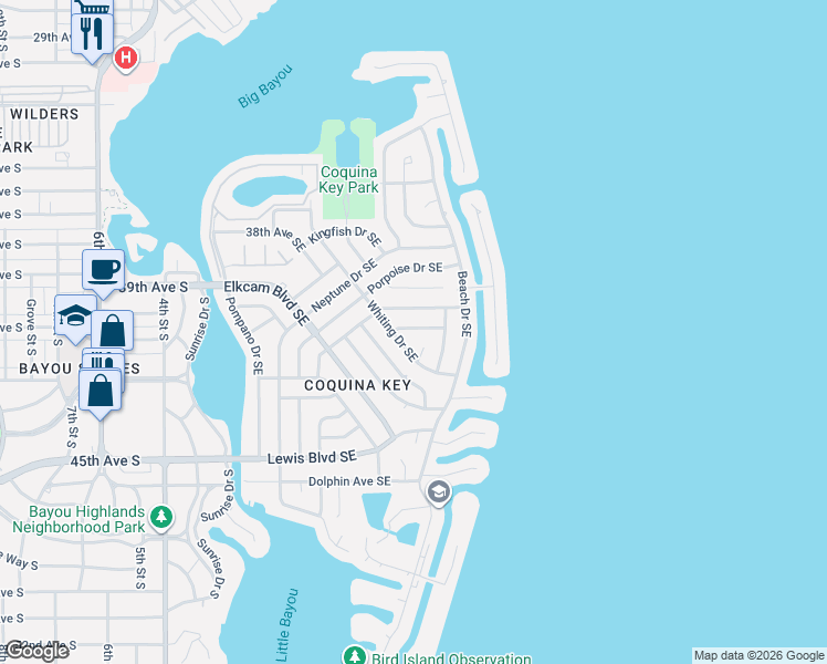 map of restaurants, bars, coffee shops, grocery stores, and more near 4184 Barracuda Drive Southeast in St. Petersburg