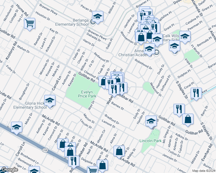map of restaurants, bars, coffee shops, grocery stores, and more near 3925 Chestnut Street in Corpus Christi