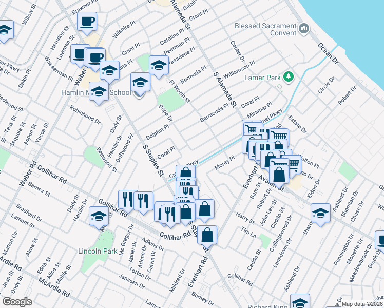 map of restaurants, bars, coffee shops, grocery stores, and more near 937 Miramar Place in Corpus Christi