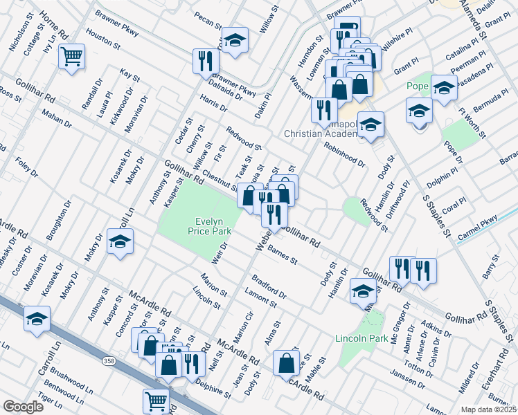 map of restaurants, bars, coffee shops, grocery stores, and more near 3925 Chestnut Street in Corpus Christi