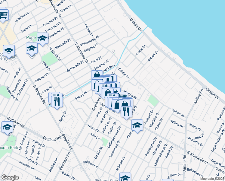 map of restaurants, bars, coffee shops, grocery stores, and more near 4212 South Alameda Street in Corpus Christi