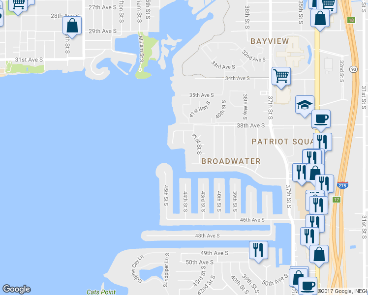 map of restaurants, bars, coffee shops, grocery stores, and more near 4036 42nd Street South in Saint Petersburg