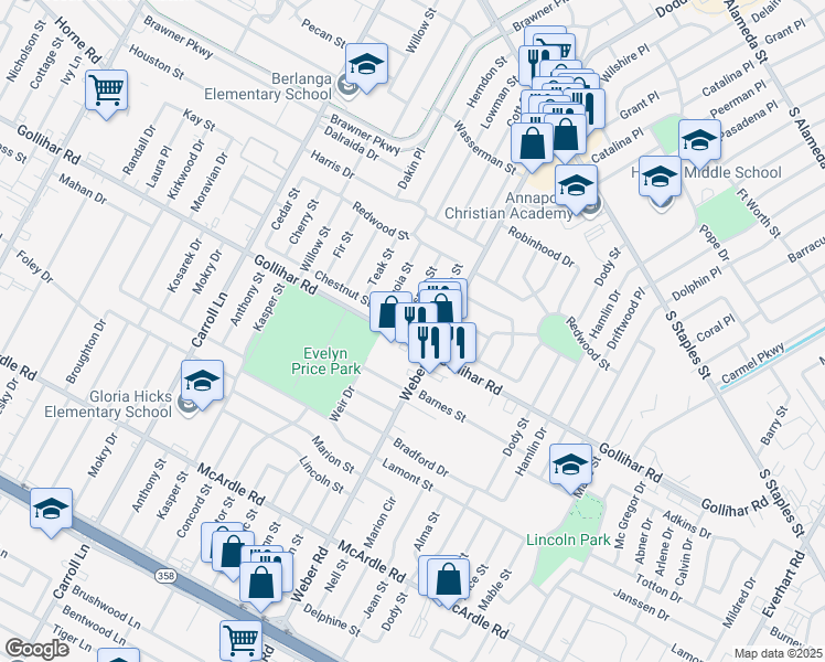 map of restaurants, bars, coffee shops, grocery stores, and more near 3925 Chestnut Street in Corpus Christi