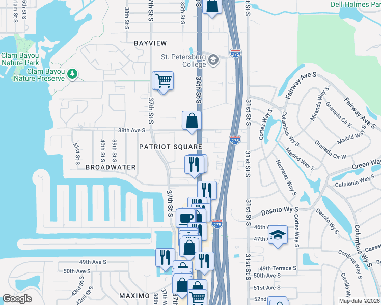 map of restaurants, bars, coffee shops, grocery stores, and more near 3951 34th Street South in St. Petersburg