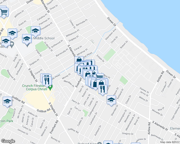 map of restaurants, bars, coffee shops, grocery stores, and more near 4212 South Alameda Street in Corpus Christi
