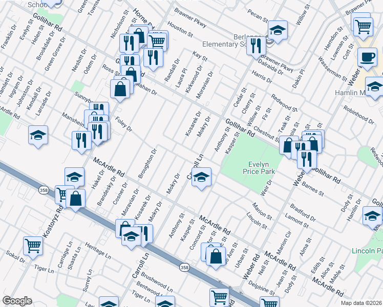 map of restaurants, bars, coffee shops, grocery stores, and more near 3529 Harold Drive in Corpus Christi