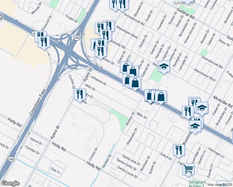 map of restaurants, bars, coffee shops, grocery stores, and more near 2633 Johanna Street in Corpus Christi
