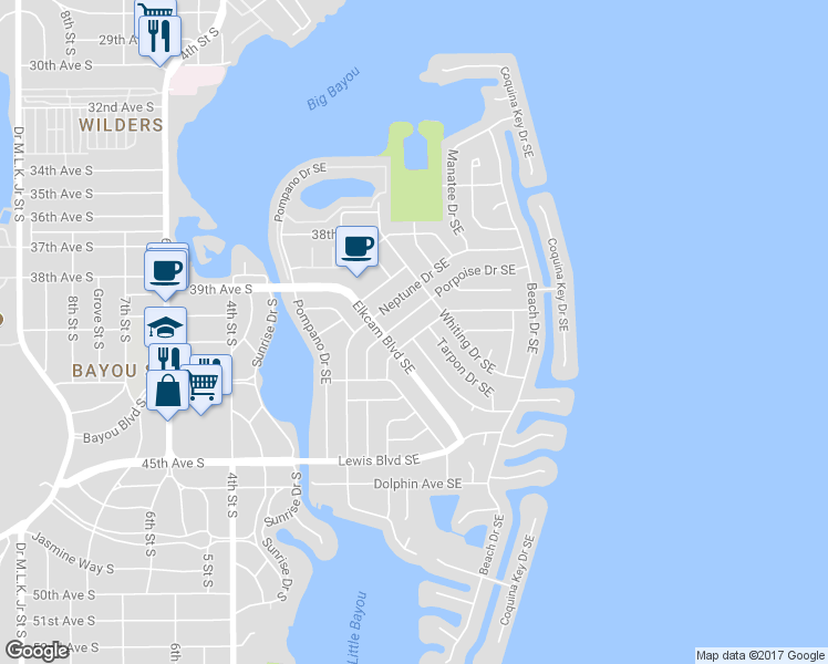 map of restaurants, bars, coffee shops, grocery stores, and more near 4215 Tarpon Drive Southeast in St. Petersburg