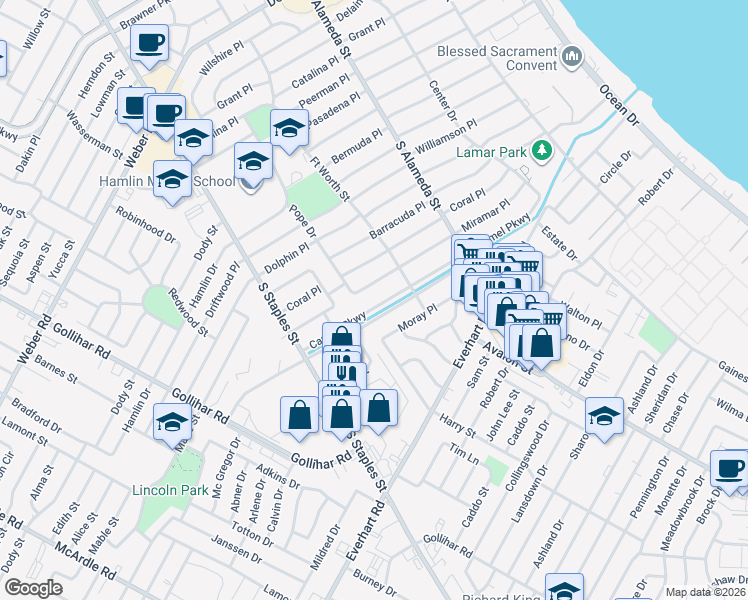 map of restaurants, bars, coffee shops, grocery stores, and more near 926 Carmel Parkway in Corpus Christi
