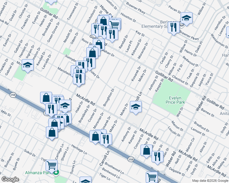 map of restaurants, bars, coffee shops, grocery stores, and more near 4726 Broughton Drive in Corpus Christi