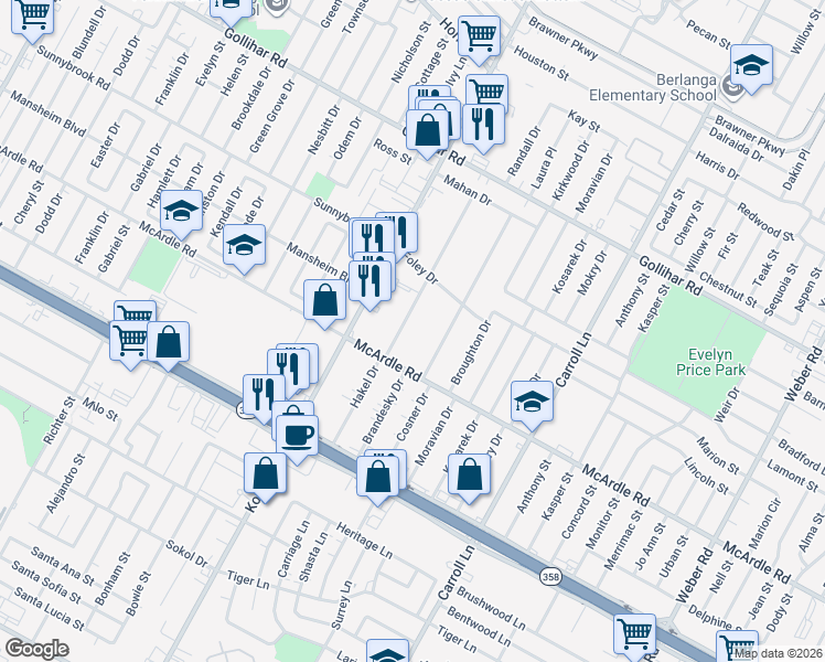 map of restaurants, bars, coffee shops, grocery stores, and more near 4810 Hakel Drive in Corpus Christi
