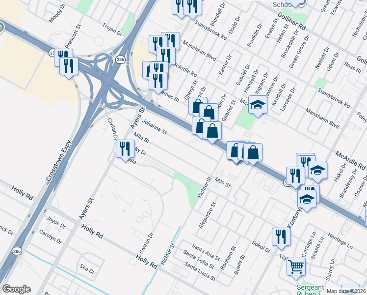 map of restaurants, bars, coffee shops, grocery stores, and more near 2633 Johanna Street in Corpus Christi