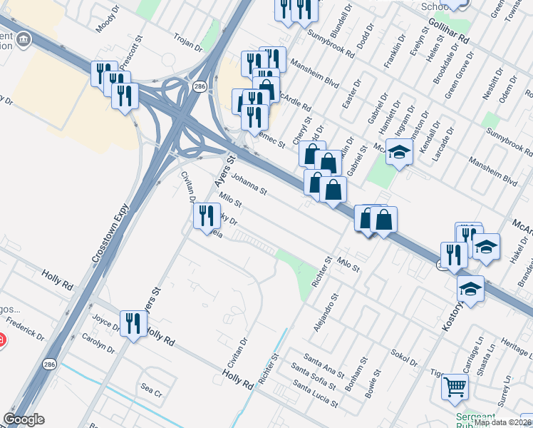 map of restaurants, bars, coffee shops, grocery stores, and more near 2542 Milo Street in Corpus Christi