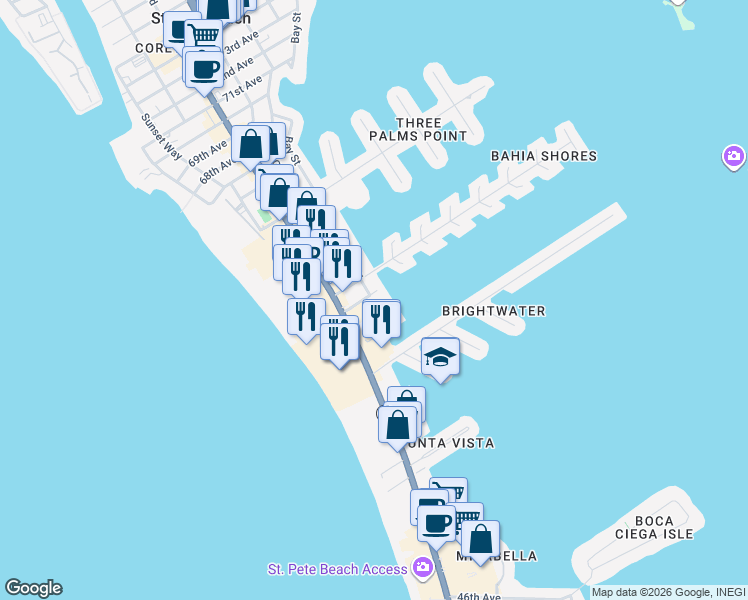 map of restaurants, bars, coffee shops, grocery stores, and more near 180 58th Avenue in St. Pete Beach