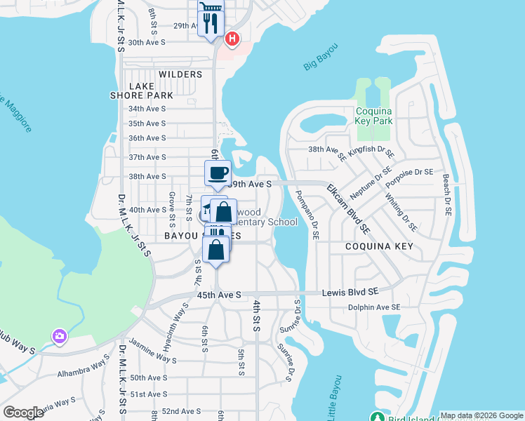 map of restaurants, bars, coffee shops, grocery stores, and more near 4035 Miramar Way South in St. Petersburg