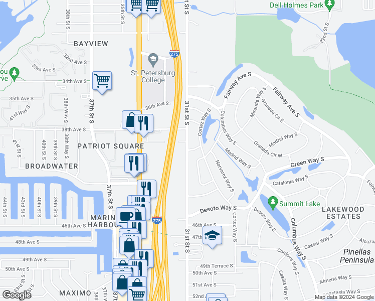map of restaurants, bars, coffee shops, grocery stores, and more near 3575 40th Avenue South in St. Petersburg