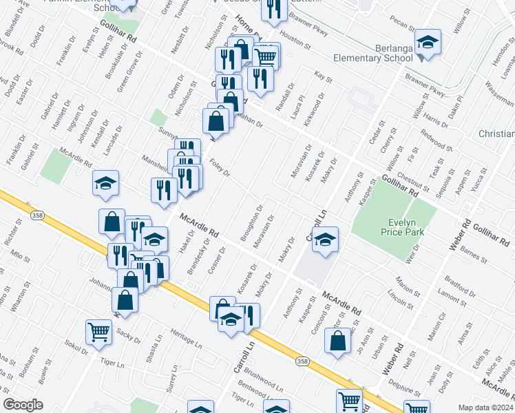 map of restaurants, bars, coffee shops, grocery stores, and more near 4721 Broughton Drive in Corpus Christi