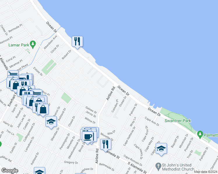 map of restaurants, bars, coffee shops, grocery stores, and more near 4649 Ocean Drive in Corpus Christi