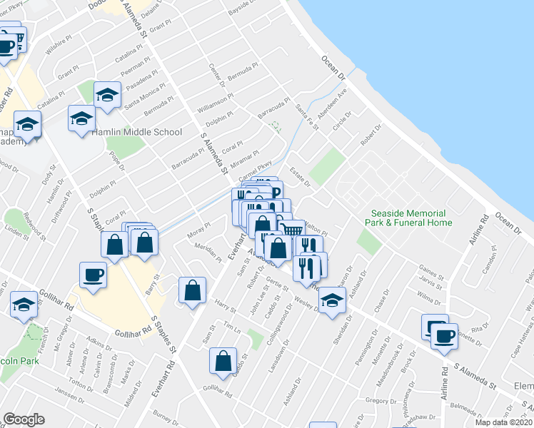 map of restaurants, bars, coffee shops, grocery stores, and more near 4218 South Alameda Street in Corpus Christi