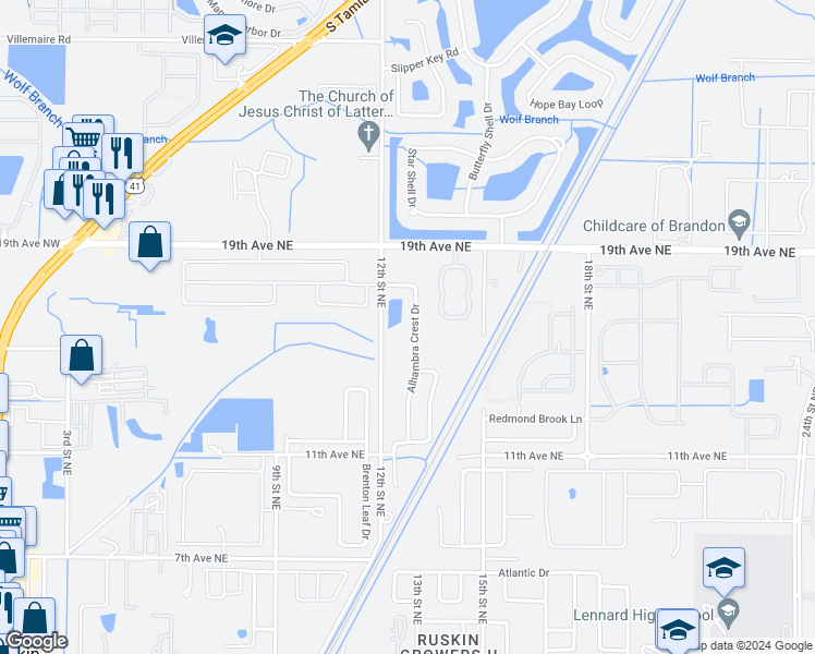 map of restaurants, bars, coffee shops, grocery stores, and more near 1512 Alhambra Crest Drive in Ruskin