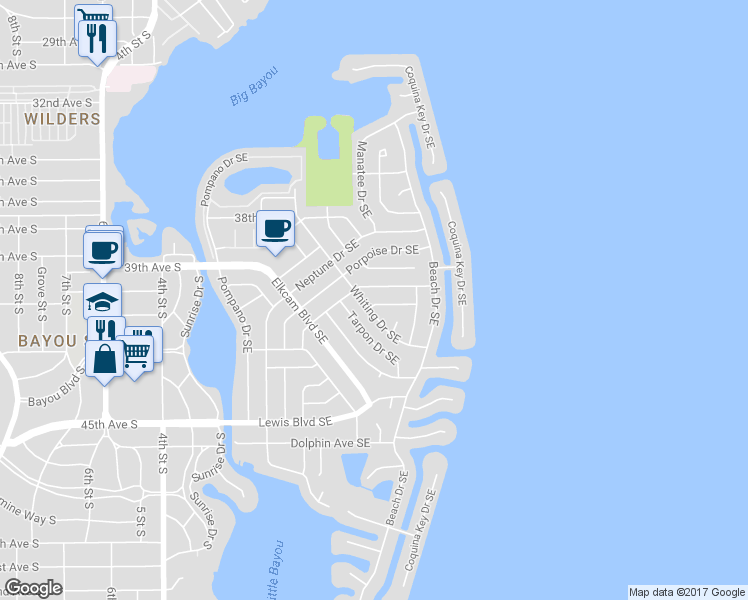 map of restaurants, bars, coffee shops, grocery stores, and more near 4184 Barracuda Drive Southeast in St. Petersburg