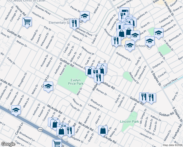 map of restaurants, bars, coffee shops, grocery stores, and more near 3913 Chestnut Street in Corpus Christi