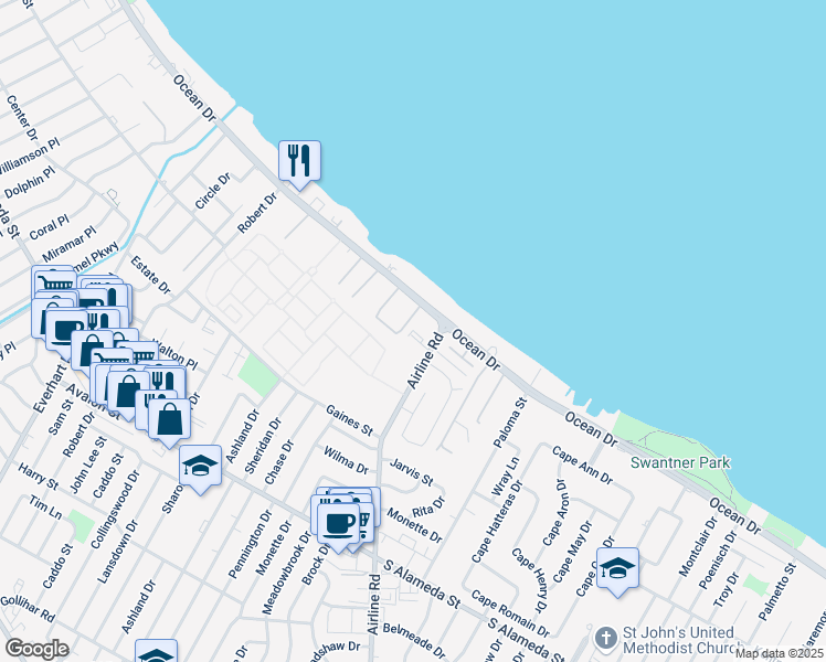 map of restaurants, bars, coffee shops, grocery stores, and more near 4649 Ocean Drive in Corpus Christi