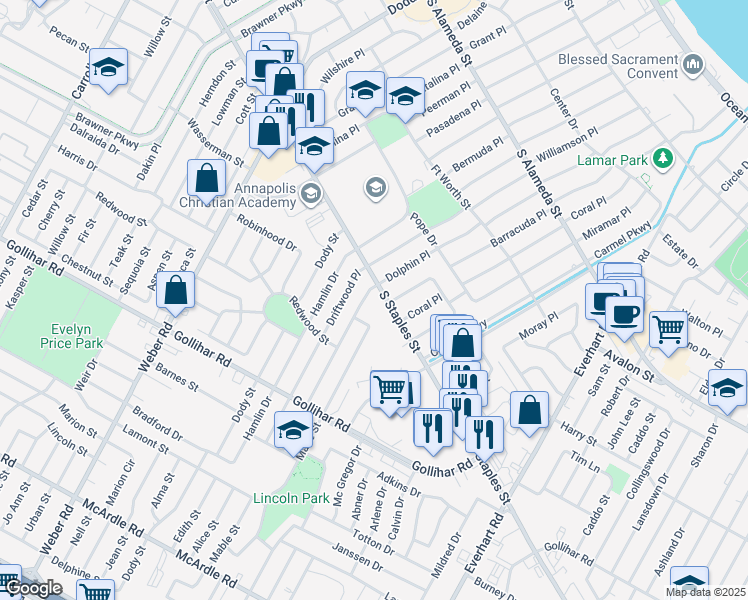 map of restaurants, bars, coffee shops, grocery stores, and more near 4000 South Staples Street in Corpus Christi