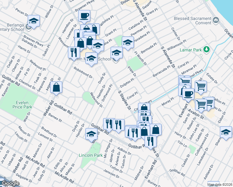 map of restaurants, bars, coffee shops, grocery stores, and more near 4000 South Staples Street in Corpus Christi